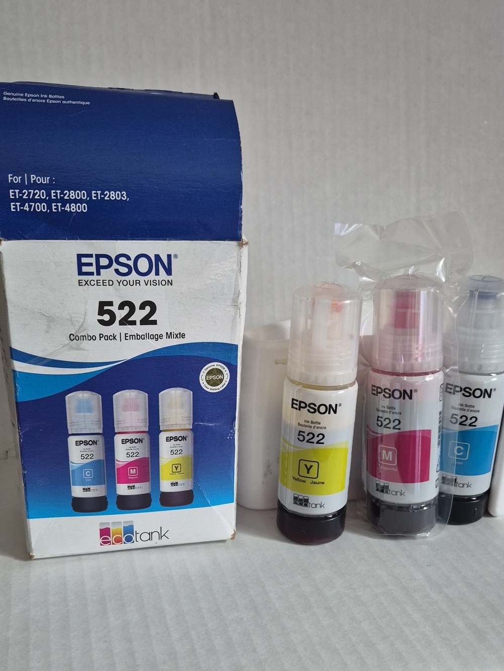 Epson 522 Ink Bottles in Yellow, Magenta, Cyan